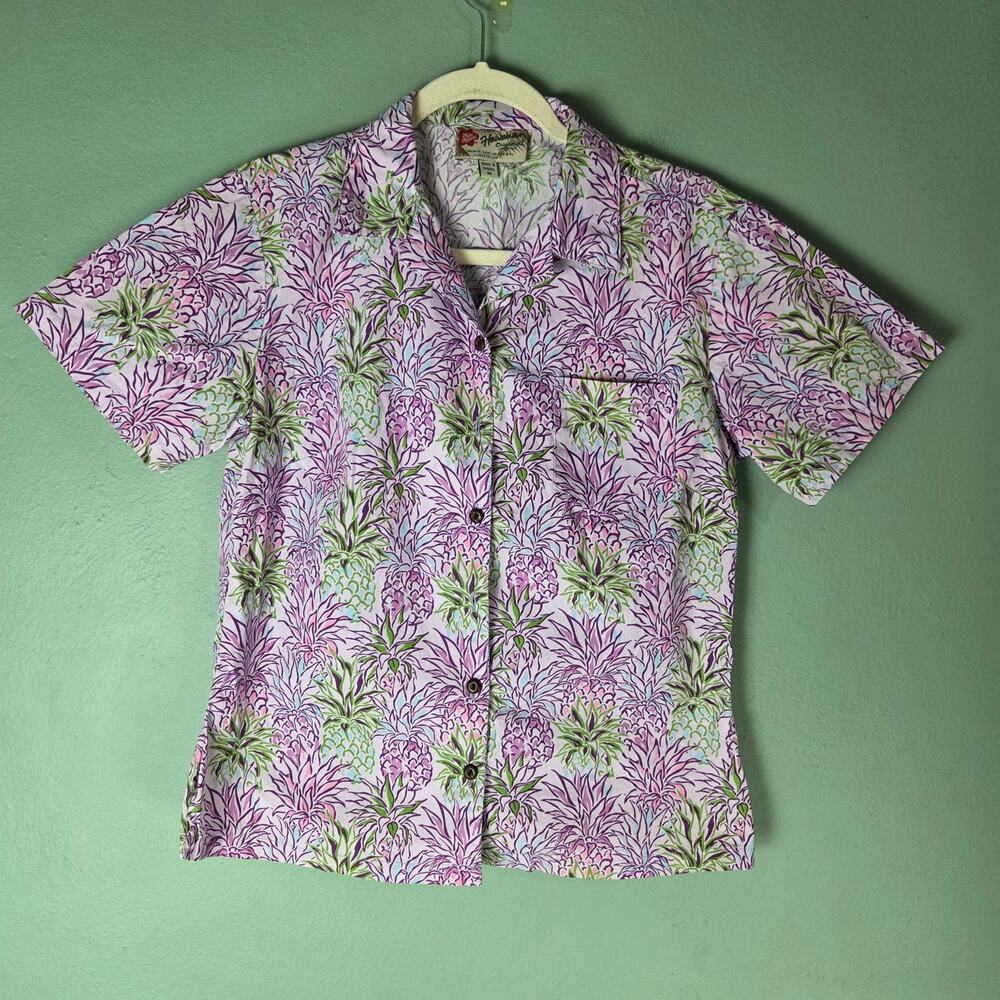 Hilo Hattie Womens Medium Purple Pineapple Allover Print Button Front SS Shirt